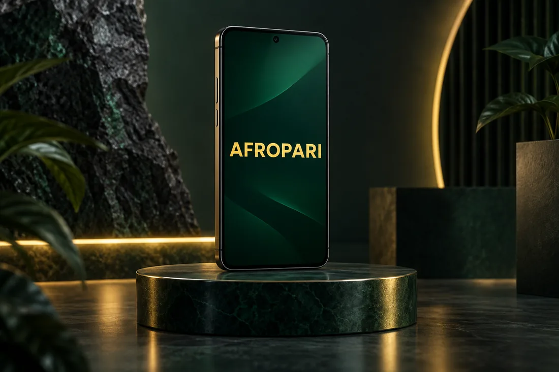 Phone and AFROPARI branding in a green studio scene