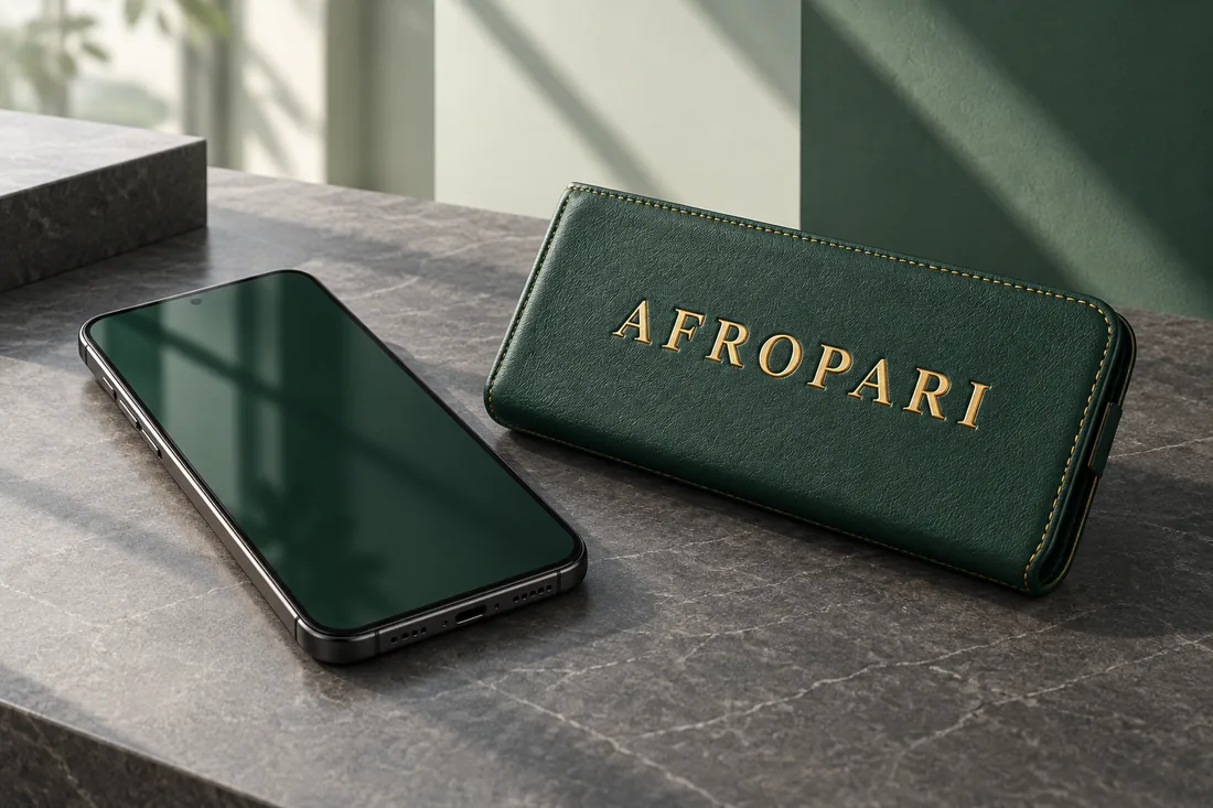 Phone and AFROPARI branding in a green studio scene