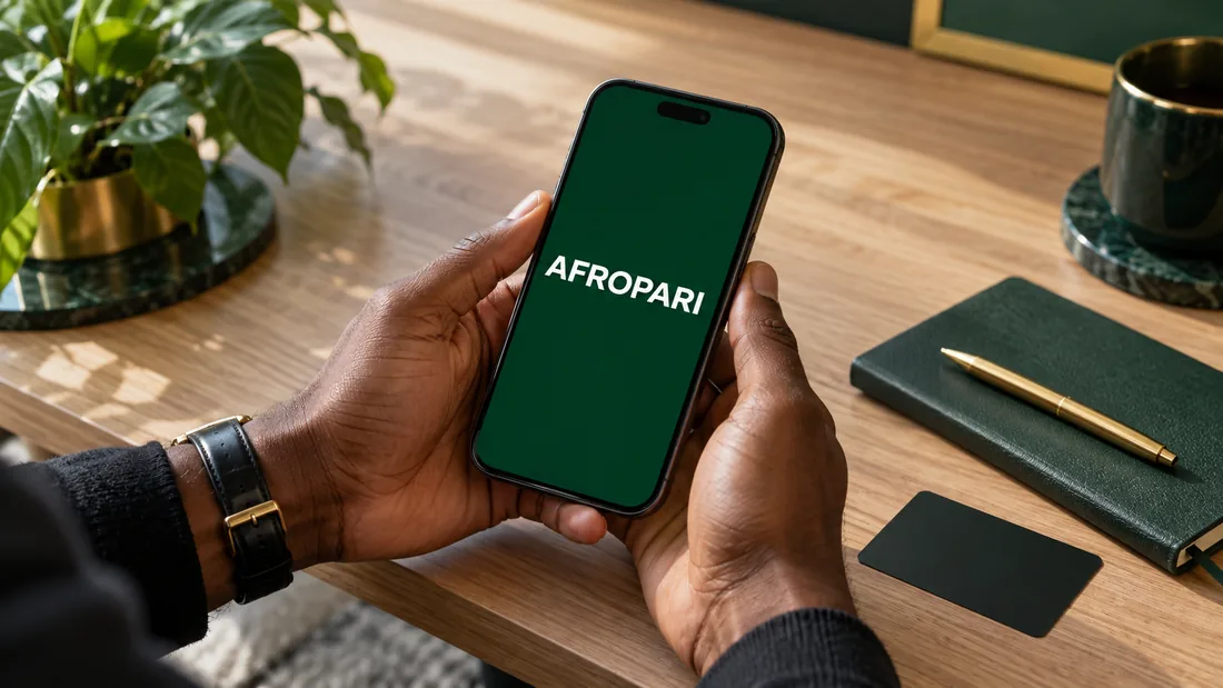 Adult checking a phone displaying AFROPARI beside a notebook and payment card